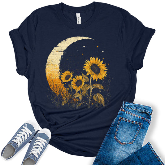 Vintage Sunflower Moon Shirt for Women Boho Graphic Tee Bella Short Sleeve Casual Top