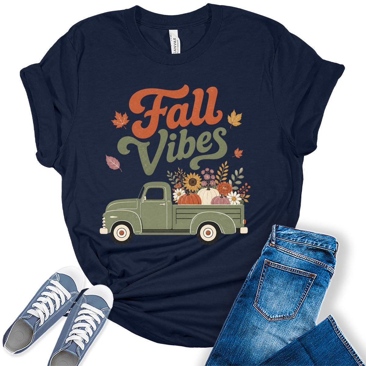 Womens Fall Vibes Pumpkin Truck Shirt - Retro Autumn Graphic Tee Cute