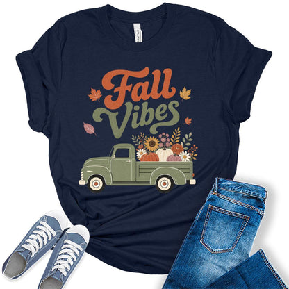 Womens Fall Vibes Pumpkin Truck Shirt - Retro Autumn Graphic Tee Cute