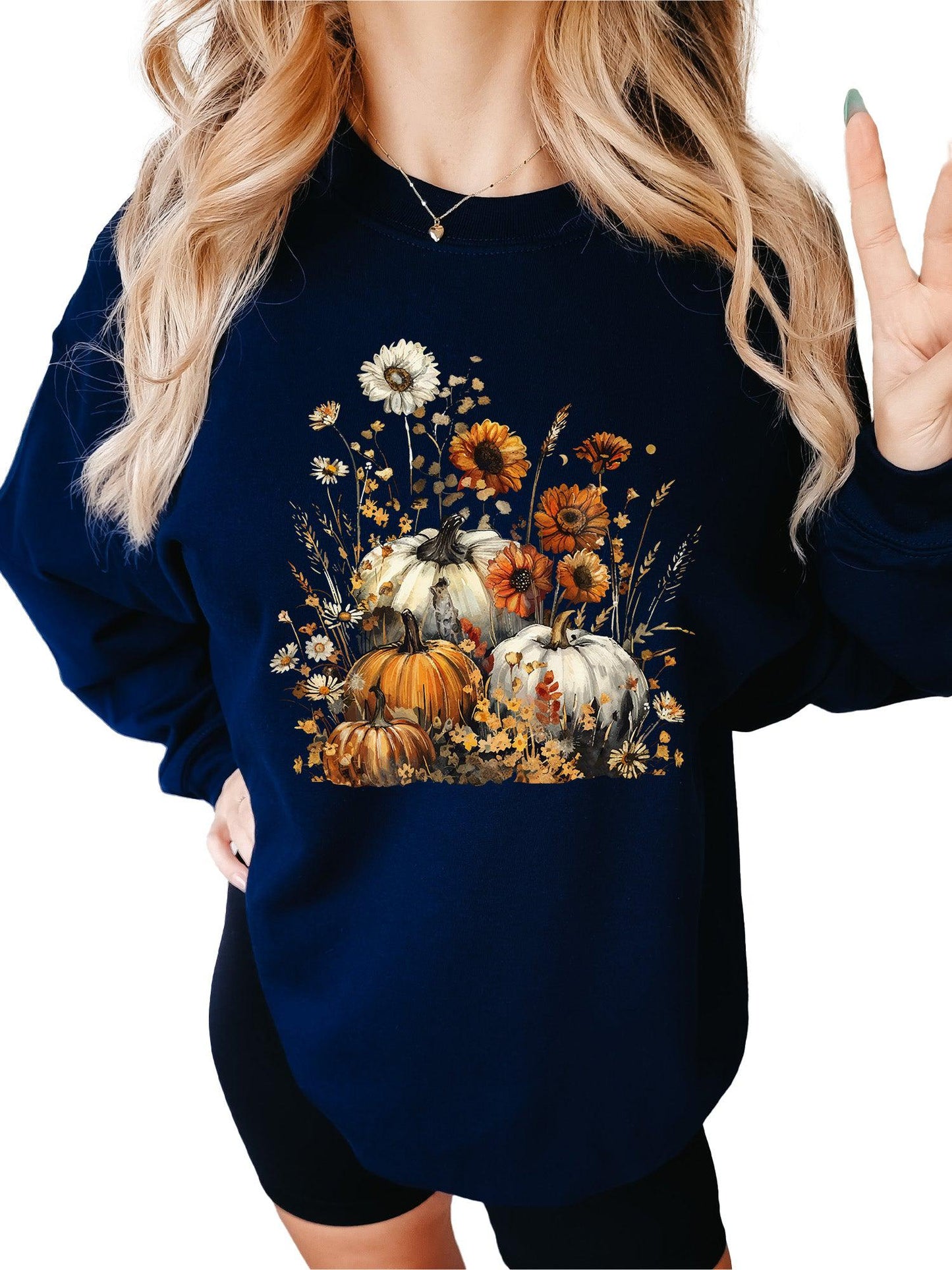 Women's Fall Floral Pumpkin Flowers Crewneck Sweatshirt