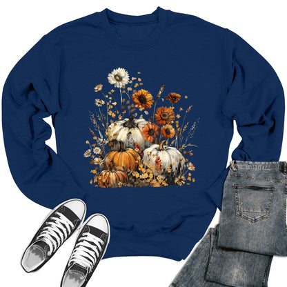 Women's Fall Floral Pumpkin Flowers Crewneck Sweatshirt