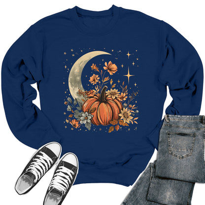 Floral Pumpkin Crescent Moon Fall Crewneck Sweatshirt