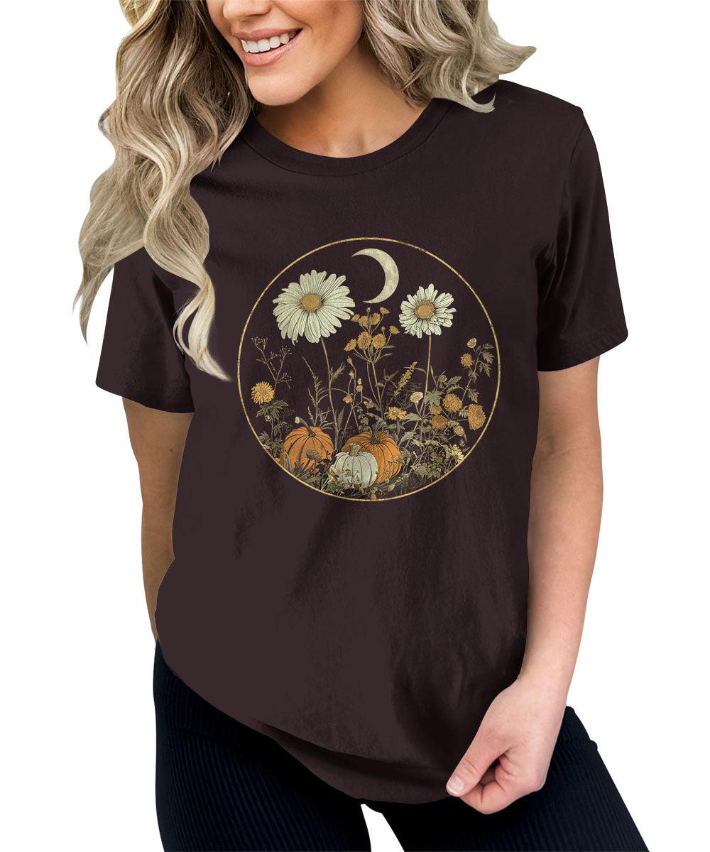 Fall Floral Pumpkin Shirt Halloween Graphic Tees Short Sleeve Plus Size Tops For Women