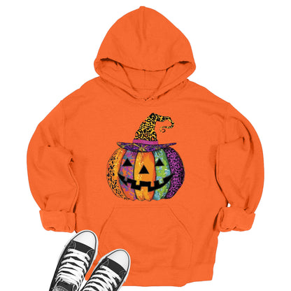 Women's Halloween Jack-O-Lantern Leopard Print Witch Hat Pumpkin Hoodie