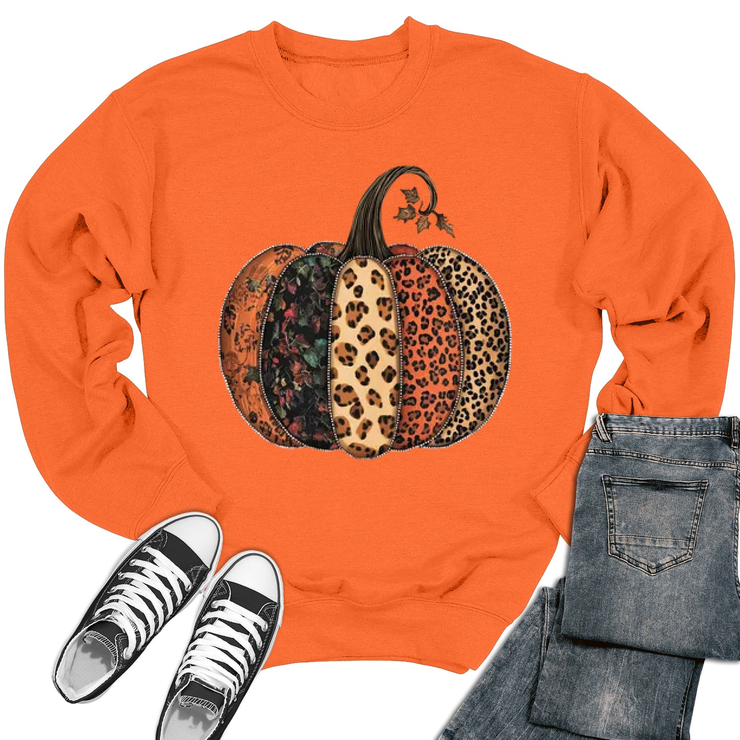 Women's Fall Leopard Print Pumpkin Thanksgiving Crewneck Sweatshirt