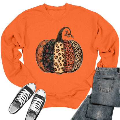 Women's Fall Leopard Print Pumpkin Thanksgiving Crewneck Sweatshirt