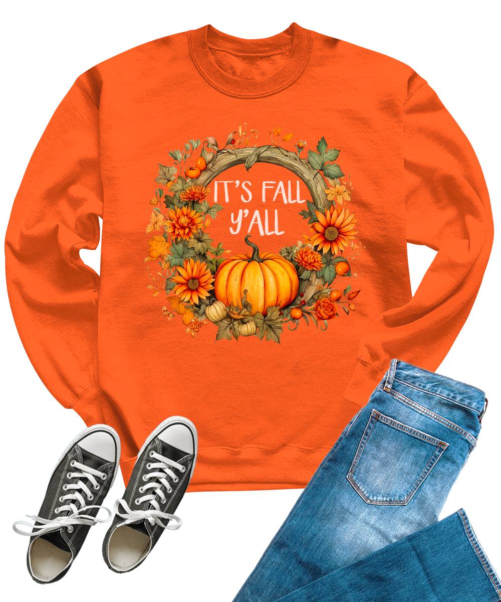 It's Fall Y'all Floral Pumpkin Autumn Wreath Crewneck Sweatshirt