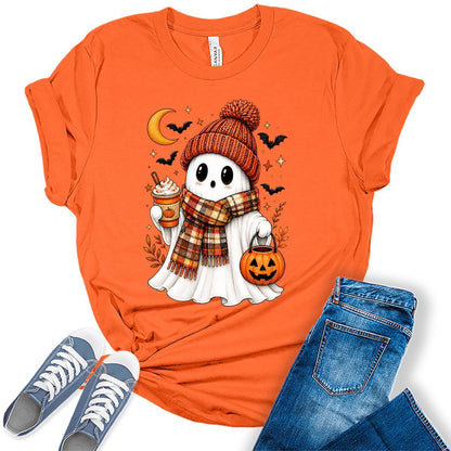 Women's Halloween Shirt Ghost Graphic Tees Short Sleeve Bella Fall Tops