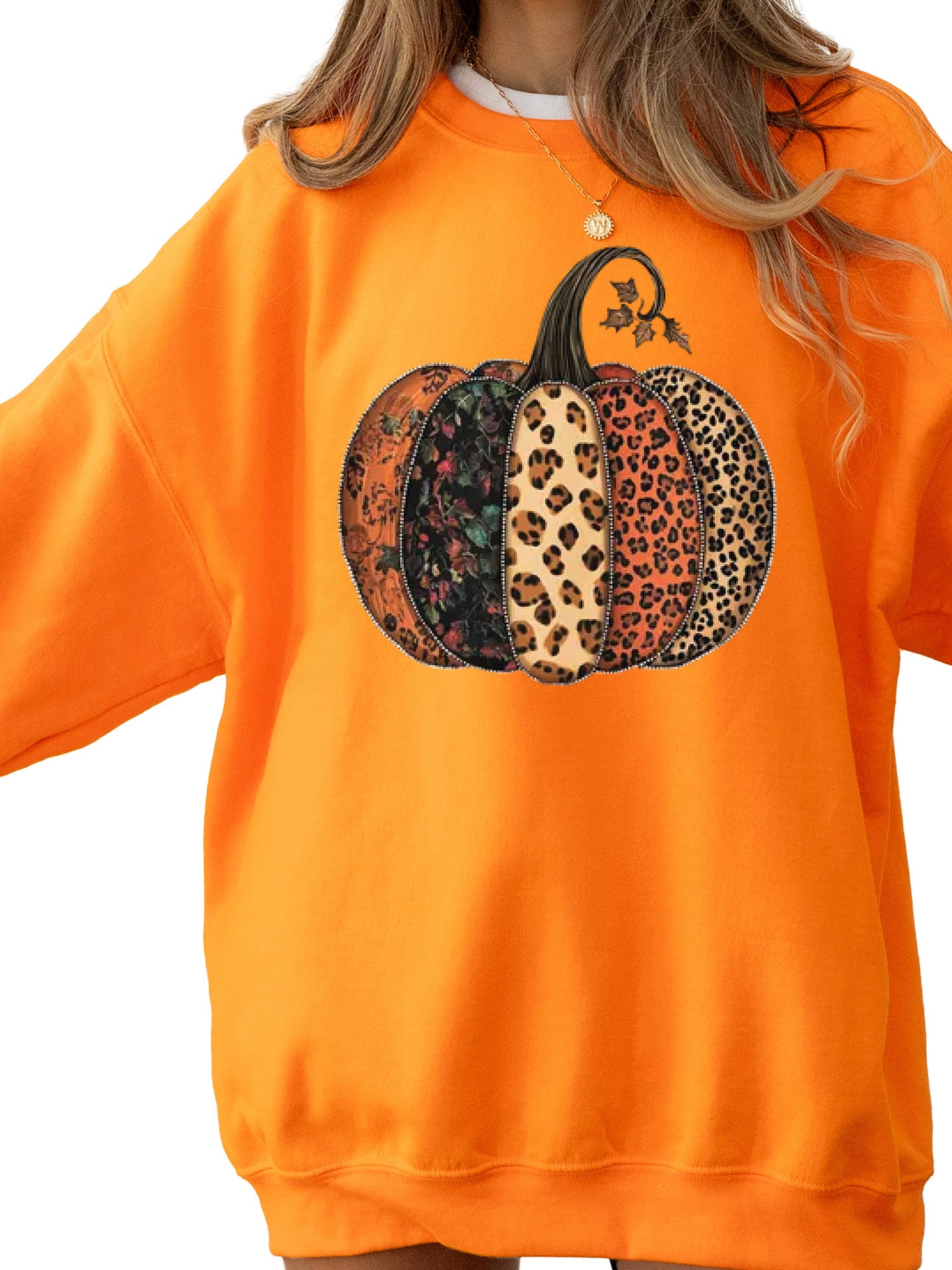 Women's Fall Leopard Print Pumpkin Thanksgiving Crewneck Sweatshirt