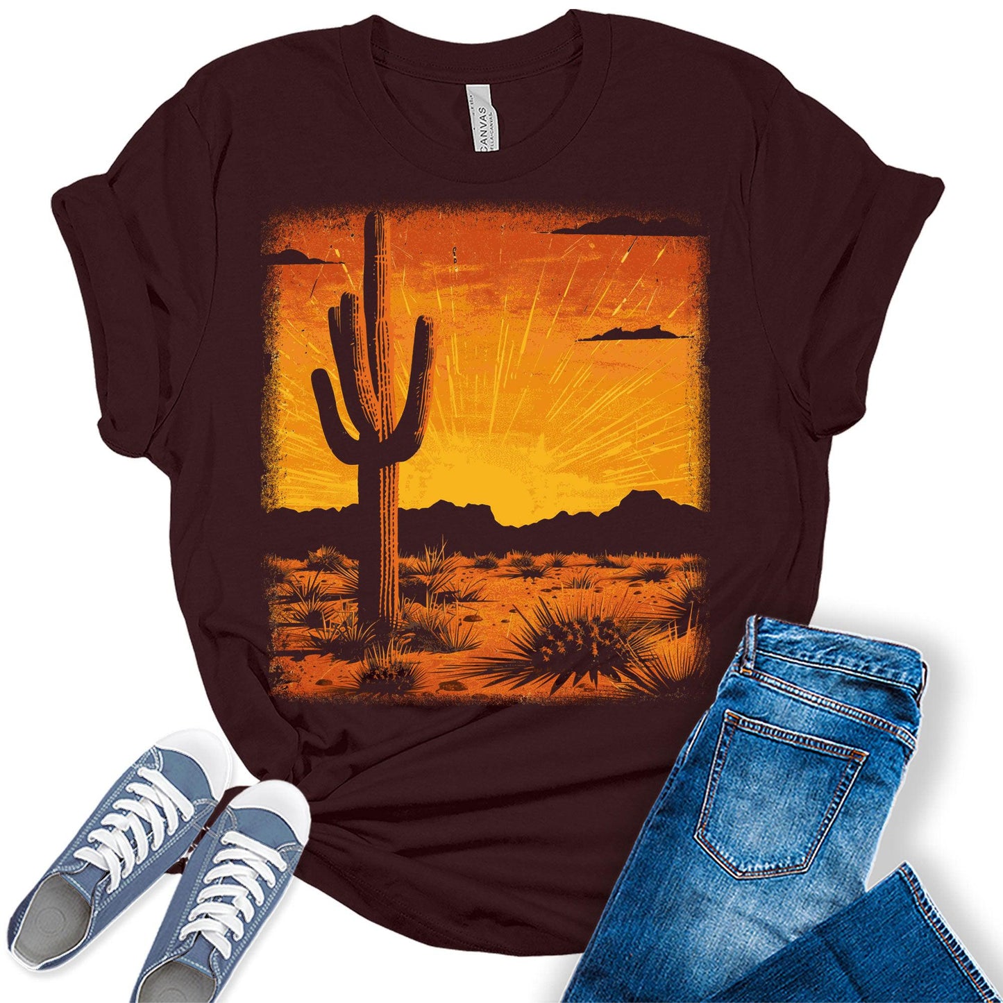 Country Retro Vintage Western Shirts for Women Cactus Desert T Shirts Plus Size Trendy Summer Graphic Tees