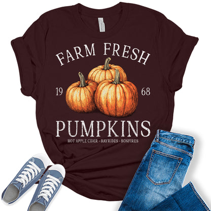 Womens Fall Tops Farm Fresh Pumpkins Shirt Vintage Thanksgiving Graphic Tees