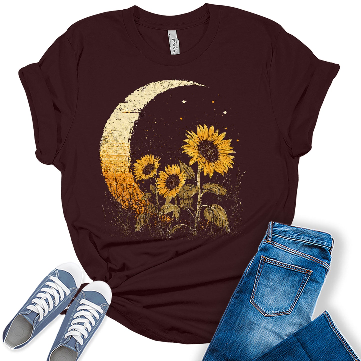 Vintage Sunflower Moon Shirt for Women Boho Graphic Tee Bella Short Sleeve Casual Top