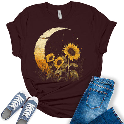 Vintage Sunflower Moon Shirt for Women Boho Graphic Tee Bella Short Sleeve Casual Top