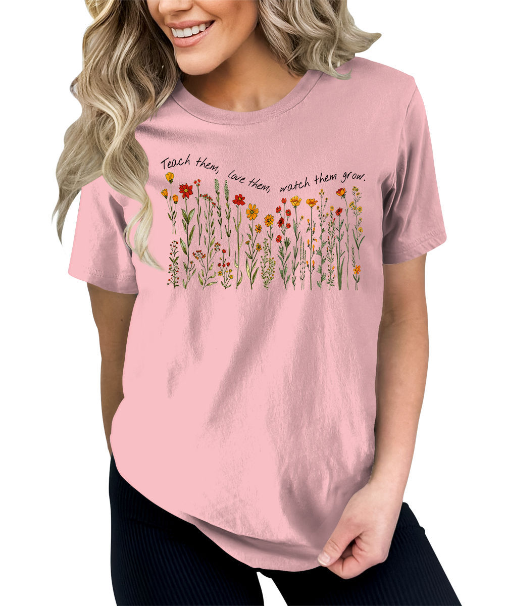 Women's Teacher Shirt Floral Teach Love Watch Them Grow Teaching Graphic Tees for Women