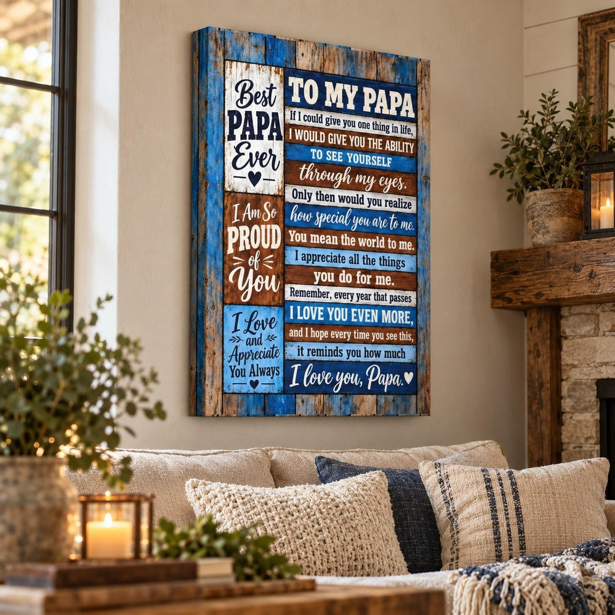 To My Papa canvas wall art in a cozy room, wrapped wood plank sides