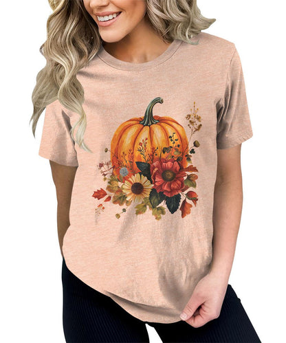 Trendy Fall Pumpkin Flower Graphic Tees For Women