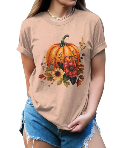 Trendy Fall Pumpkin Flower Graphic Tees For Women