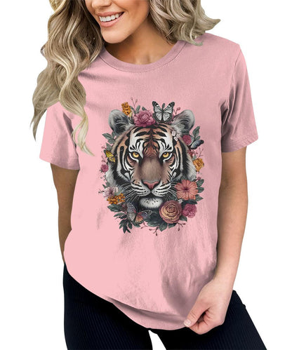 Floral Tiger Face Animal Graphic Tees For Women