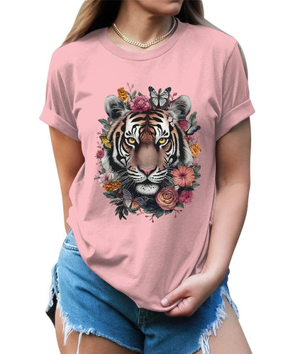 Floral Tiger Face Animal Graphic Tees For Women