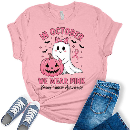 In October We Wear Pink Shirt Halloween Breast Cancer Awareness Women's Tops