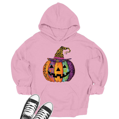 Women's Halloween Jack-O-Lantern Leopard Print Witch Hat Pumpkin Hoodie