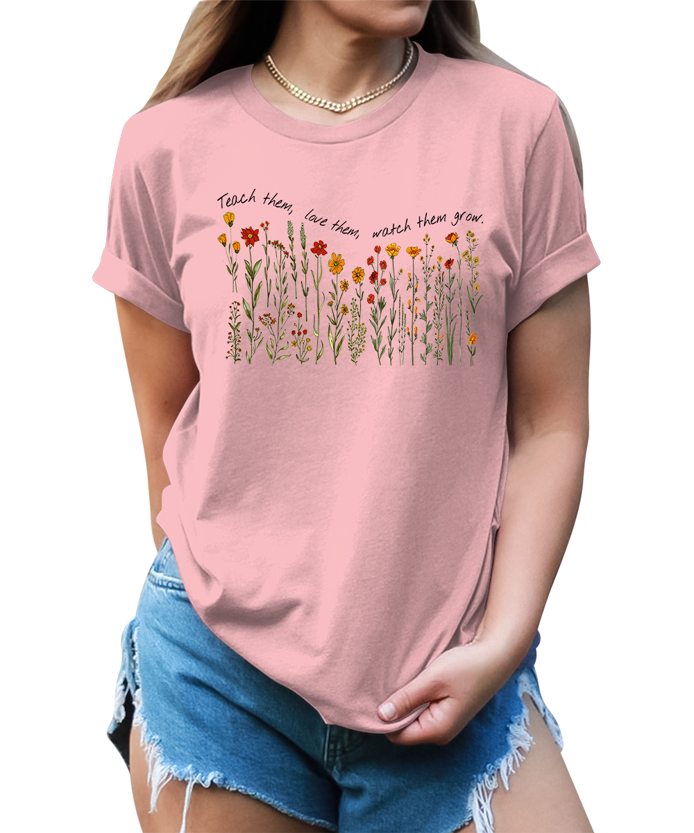 Women's Teacher Shirt Floral Teach Love Watch Them Grow Teaching Graphic Tees for Women