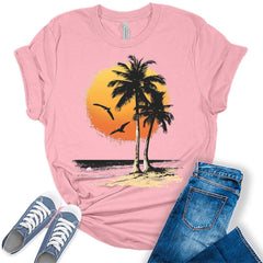 Beach Shirts for Women Palm Tree Sunset T Shirt Trendy Plus Size Summer Tops
