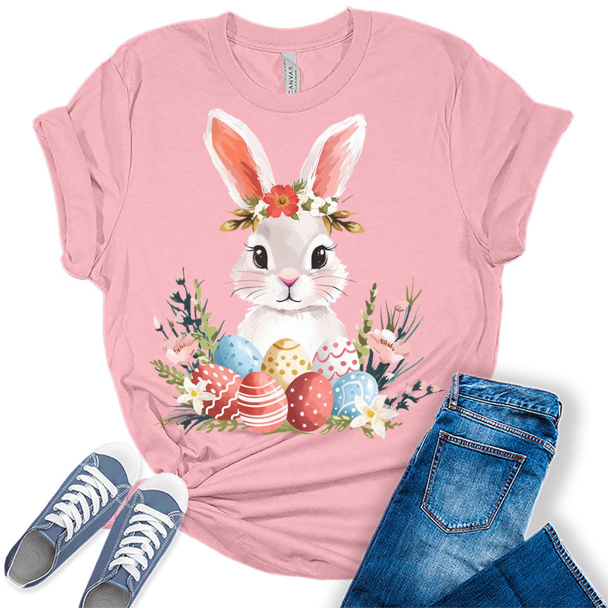 Cute Easter Bunny Floral Egg Shirts for Women Short Sleeve Plus Size Tops