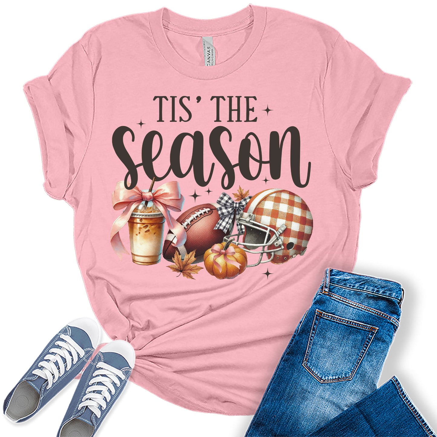 Tis' The Season Thanksgiving Football Pumpkin Graphic Tees for Women