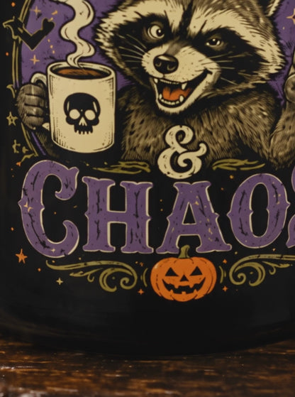 Fueled by Coffee & Chaos Raccoon Halloween Mug – Funny 15oz Black Coffee Mug