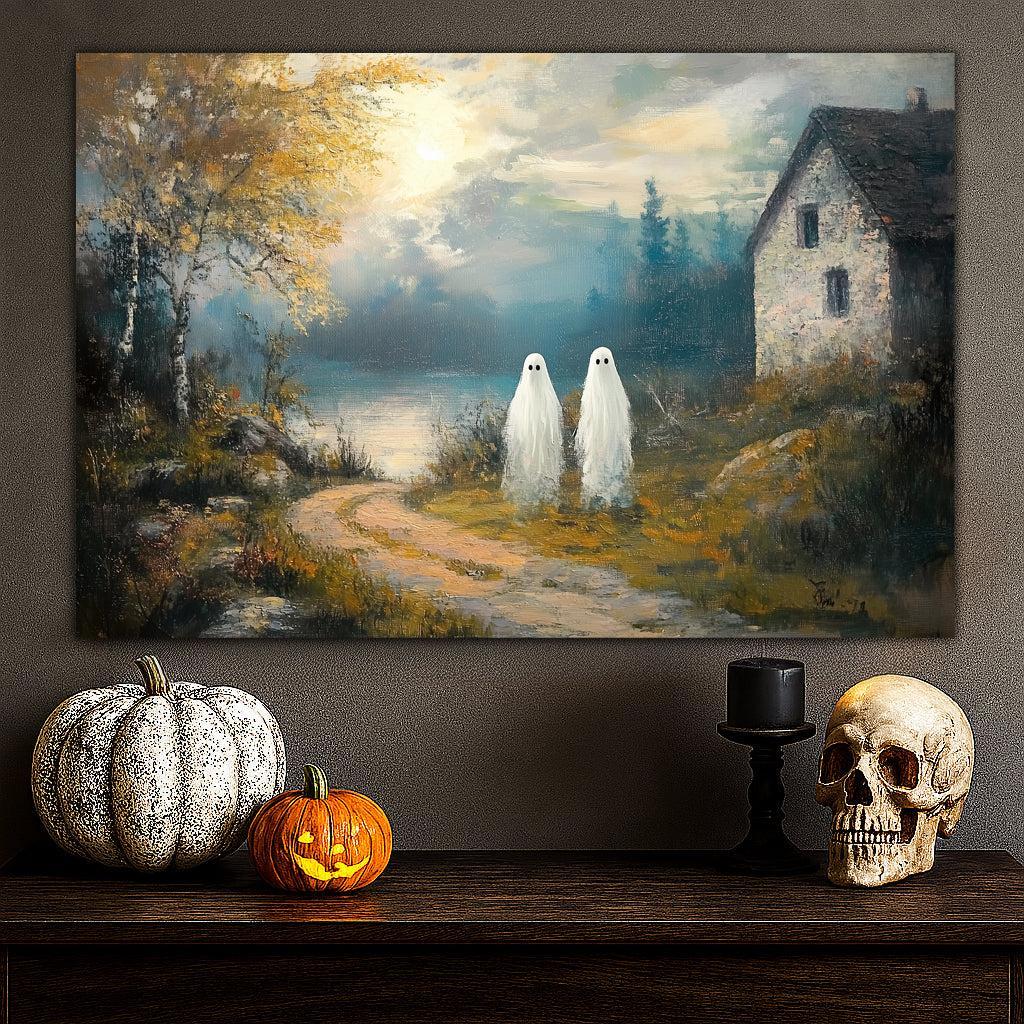Vintage Halloween Ghost Wall Art ,Rustic Landscape Wall Decor, Cute Ghost Decor Wall Art, Aesthetic Halloween Wall Decor 1.5" Canvas Wrap