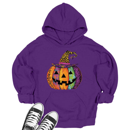 Women's Halloween Jack-O-Lantern Leopard Print Witch Hat Pumpkin Hoodie