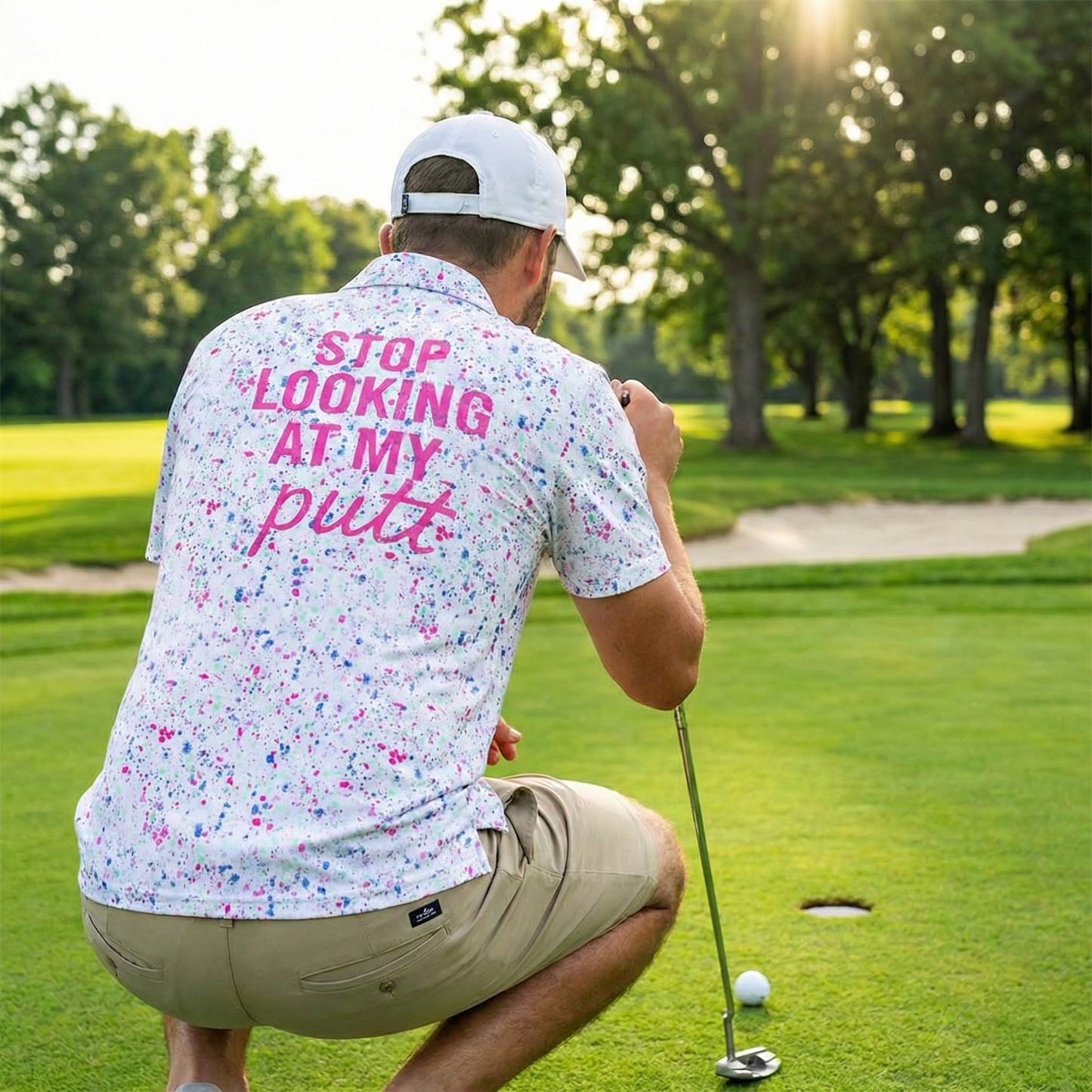 Polo Shirts for Men Funny Stop Looking At My Putt Moisture Wicking Short Sleeve Golf Top