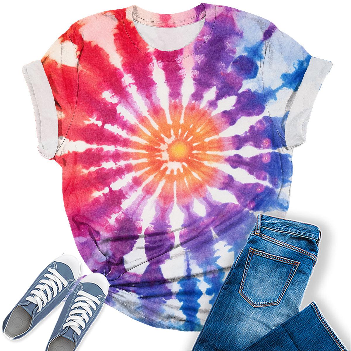 Rainbow Tie Dye Shirts for Women Oversized Groovy Short Sleeve Tops