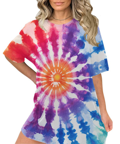 Rainbow Tie Dye Shirts for Women Oversized Groovy Short Sleeve Tops