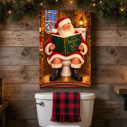 Santa Naughty or Nice Bathroom Canvas Wall Art – Funny Christmas Bathroom Decor, Vertical 8x12 16x24 24x36