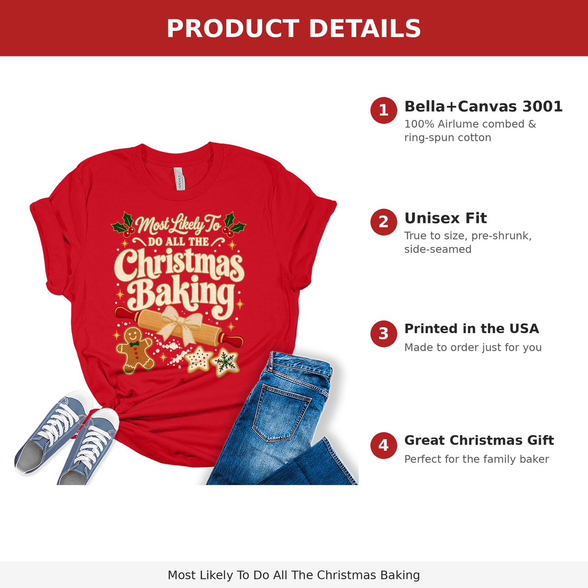 Most Likely To Do All The Christmas Baking women's Bella tee - Red, product details infographic
