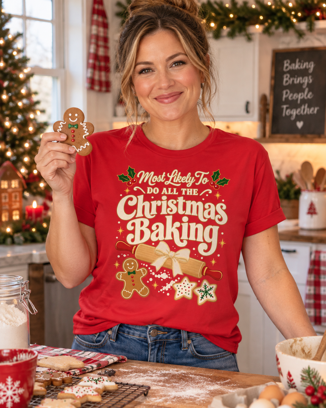 Most Likely To Do All The Christmas Baking women's Bella tee - Red, lifestyle front