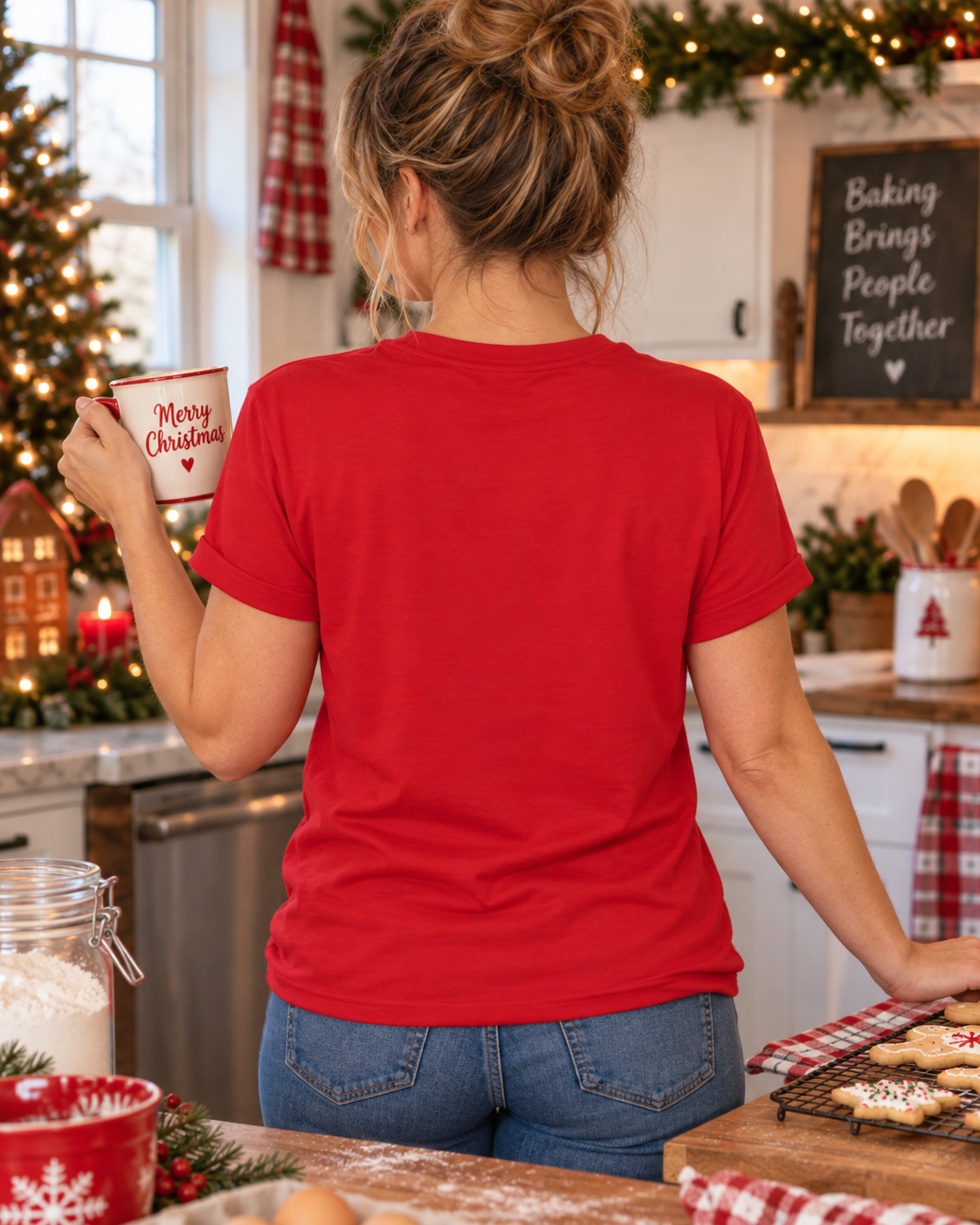 Most Likely To Do All The Christmas Baking women's Bella tee - Red, lifestyle back