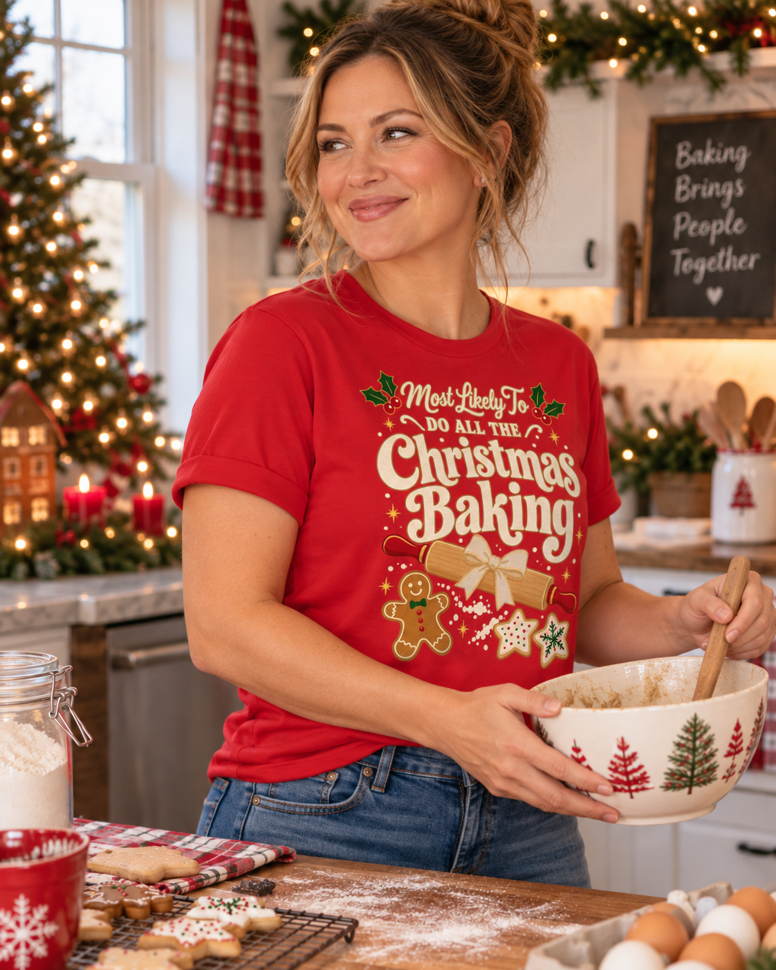 Most Likely To Do All The Christmas Baking women's Bella tee - Red, lifestyle side