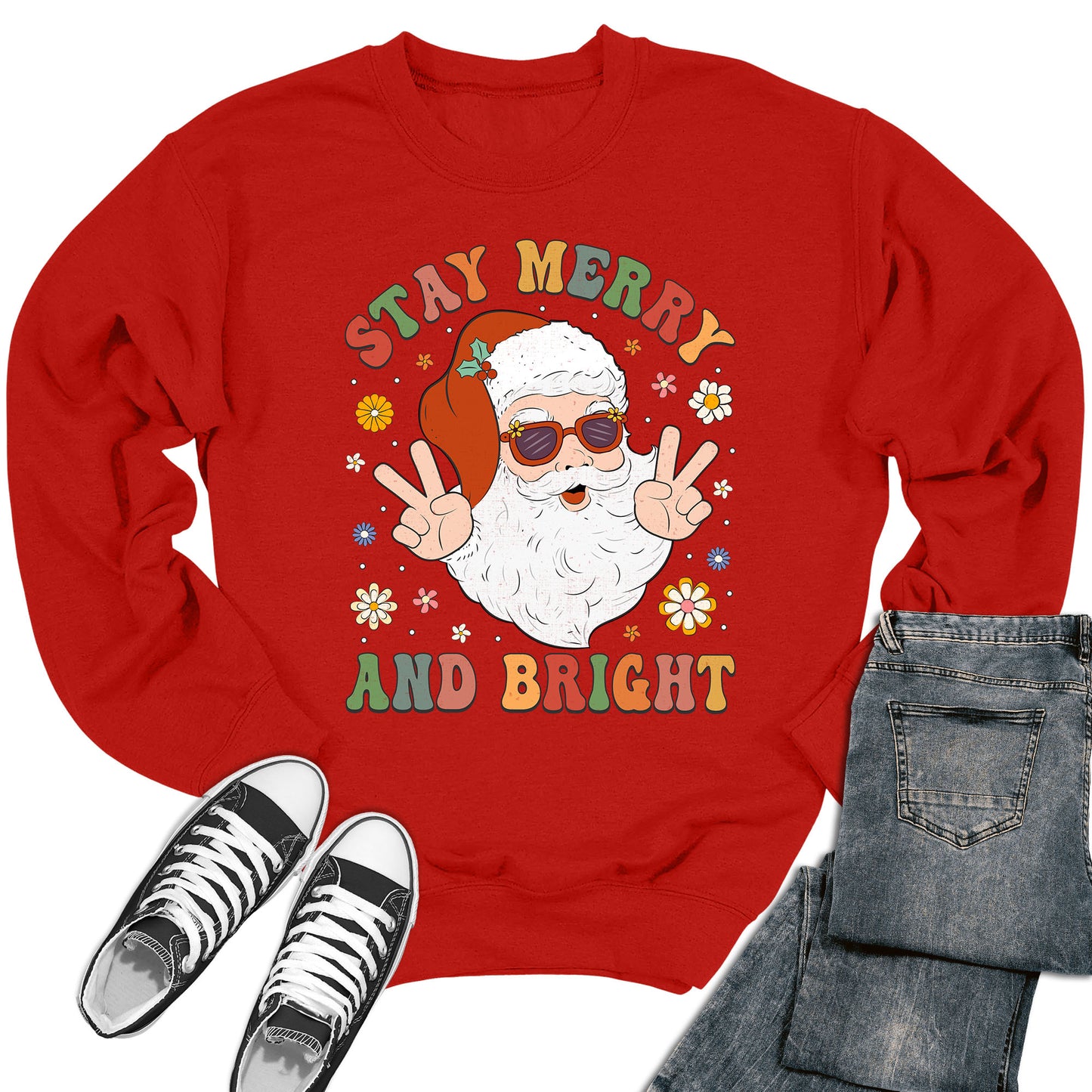 Women's Stay Merry and Bright Groovy Santa Crewneck Sweatshirt