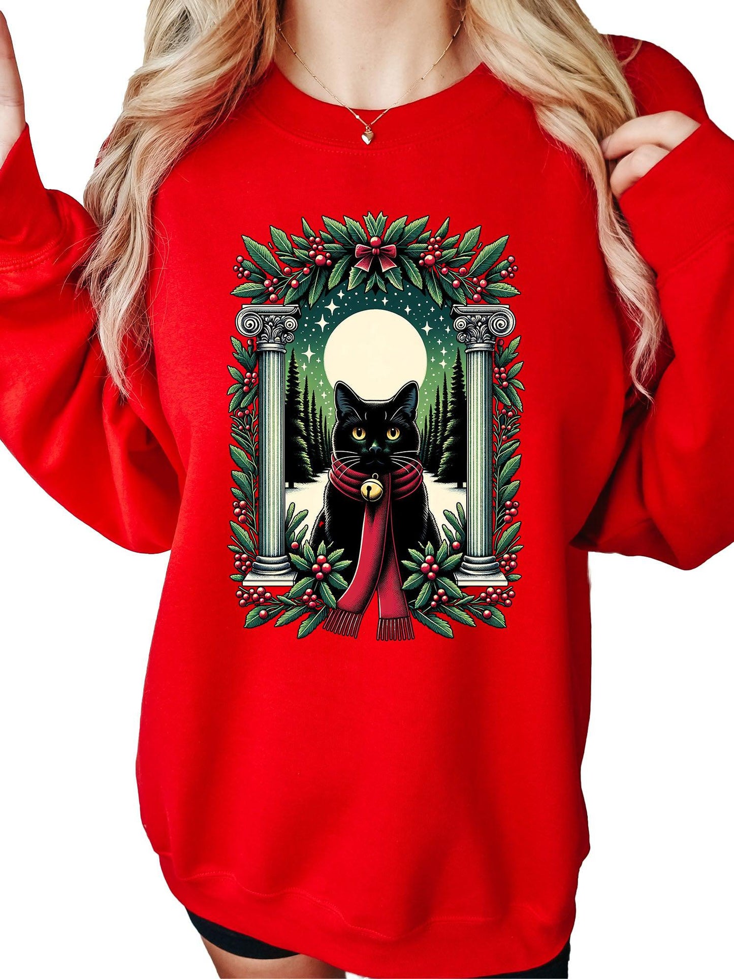 Women's Christmas Cat Red Scarf Crewneck Sweatshirt