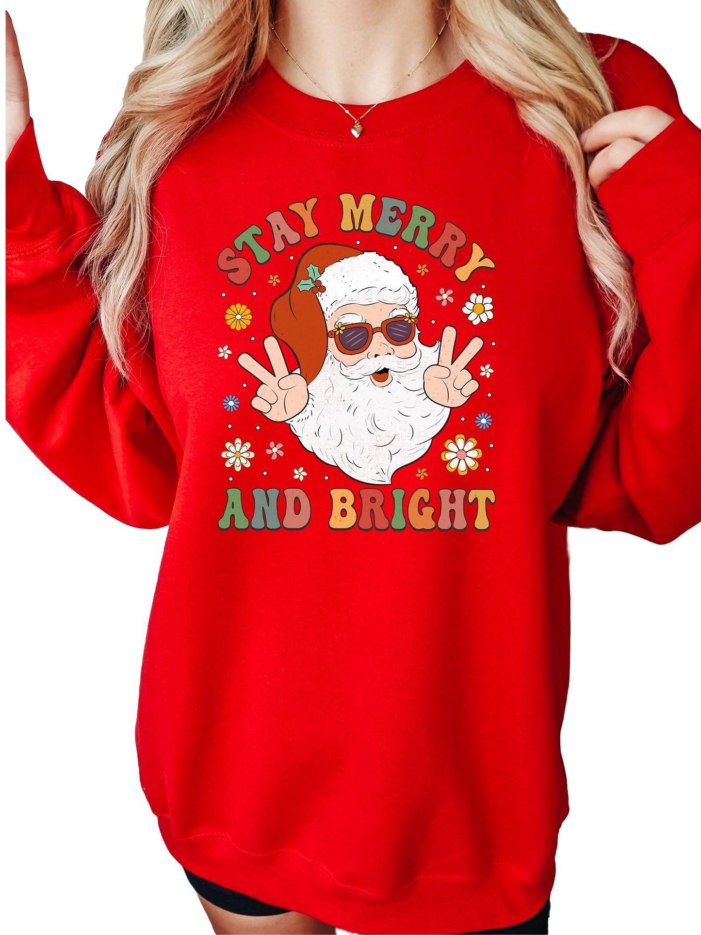 Women's Stay Merry and Bright Groovy Santa Crewneck Sweatshirt