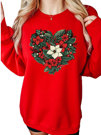 Women's Poinsetta Christmas Heart Crewneck Sweatshirt