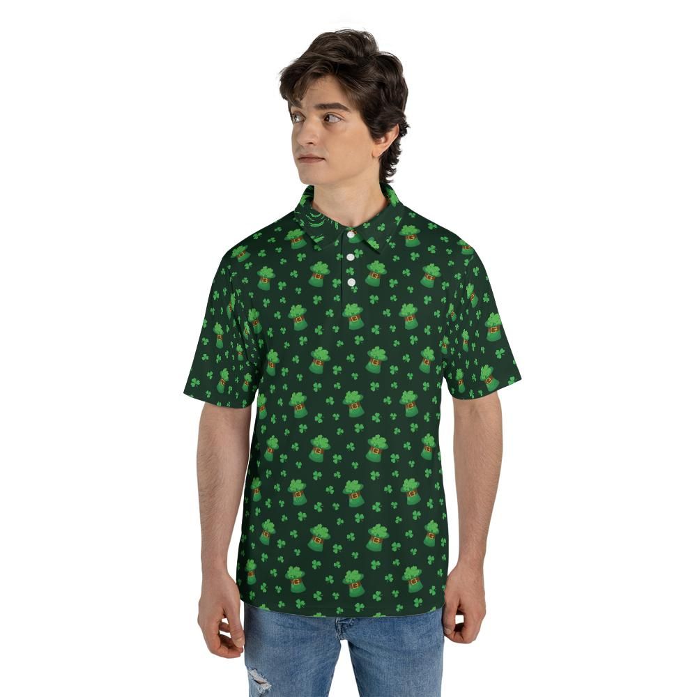 St Patricks Day Polo Golf Shirt for Men Lucky Clover Shamrock Hat Moisture Wicking Short Sleeve Top