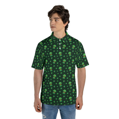 St Patricks Day Polo Golf Shirt for Men Lucky Clover Shamrock Hat Moisture Wicking Short Sleeve Top