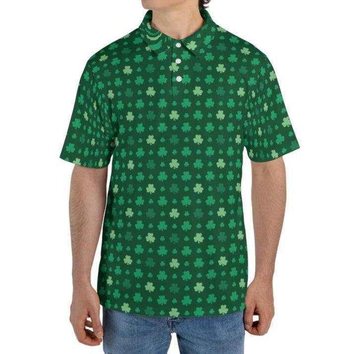 St Patricks Day Polo Golf Shirt for Men Lucky Shamrock Clover Print Moisture Wicking Short Sleeve Top