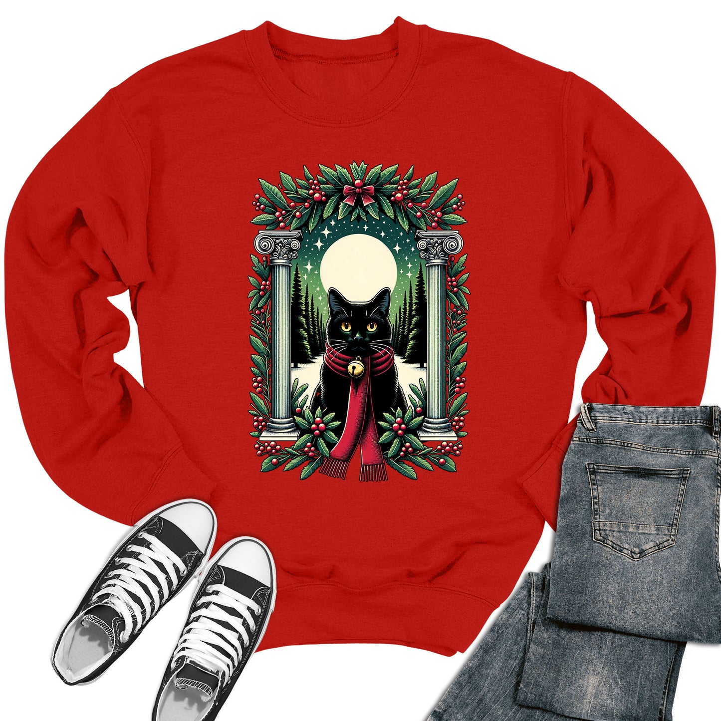 Women's Christmas Cat Red Scarf Crewneck Sweatshirt