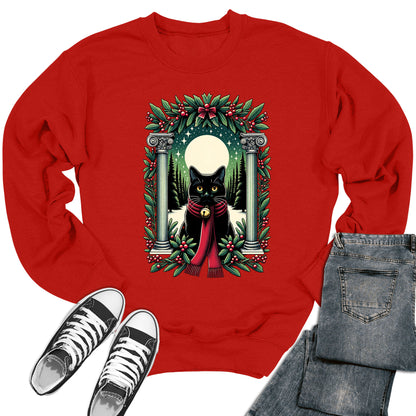 Women's Christmas Cat Red Scarf Crewneck Sweatshirt