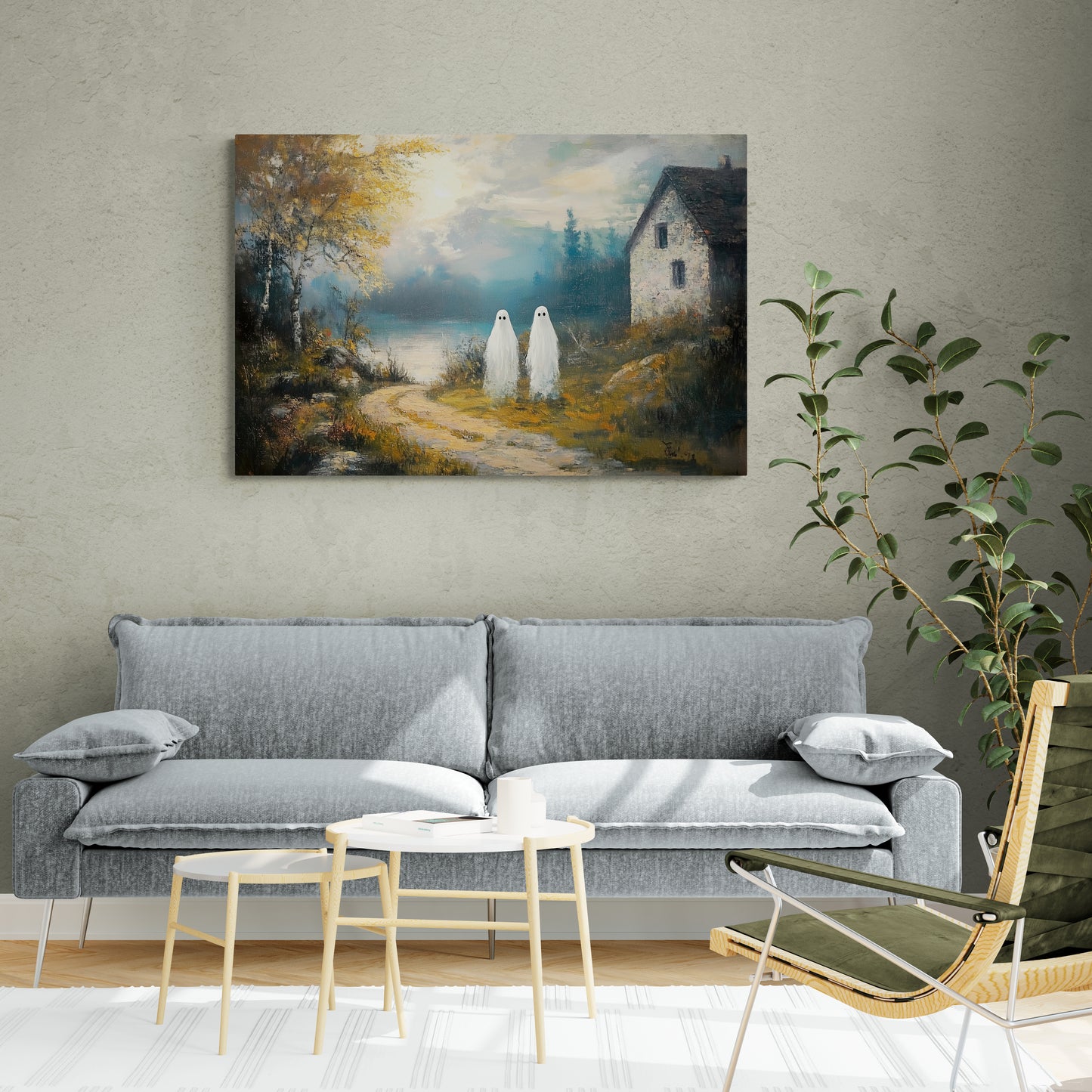 Vintage Halloween Ghost Wall Art ,Rustic Landscape Wall Decor, Cute Ghost Decor Wall Art, Aesthetic Halloween Wall Decor 1.5" Canvas Wrap